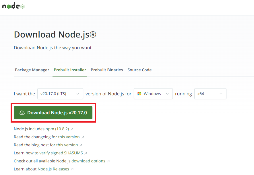 Node.jsの公式サイトからインストーラーをダウンロード