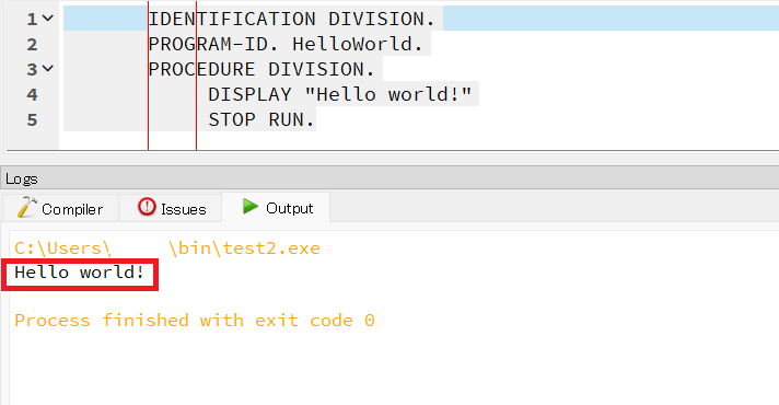 「Hello!world」の実行結果