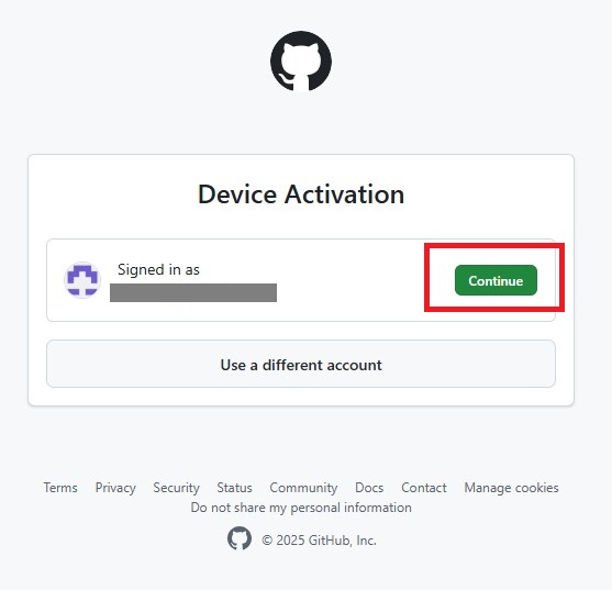 GitHubアカウントを選んで「Continue」をクリック