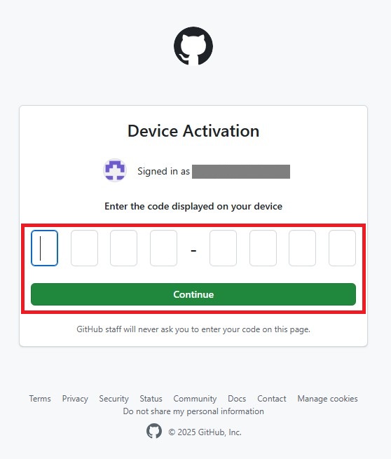 ワンタイムコードを入力して「Continue」をクリック