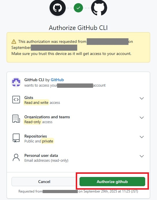「Authorizegithub」をクリック