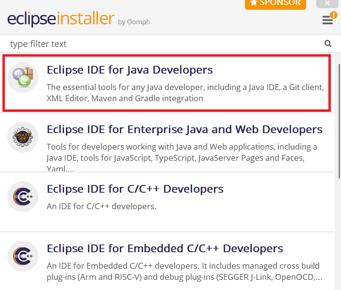 「Eclipseインストール」Java開発向けのIDEを選択