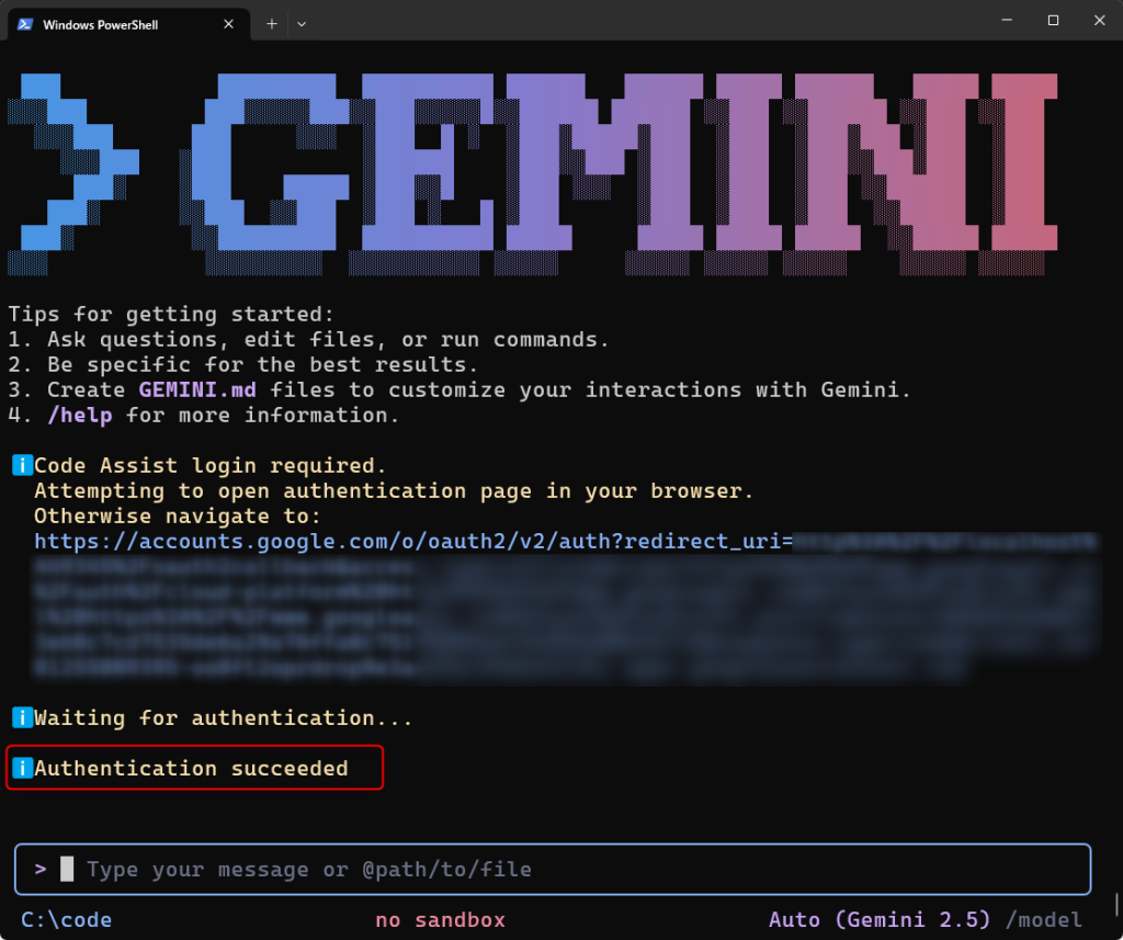 「Authentication succeeded」と表示
