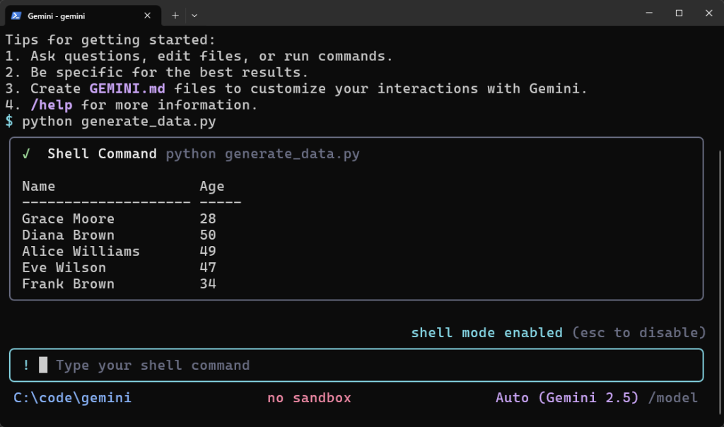 Gemini CLIの対話モードからPythonのコードを実行