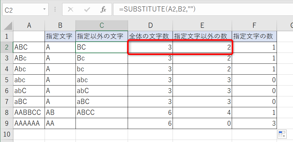 エクセルで文字数カウント（文字数を数える）する方法④特定の文字の数を数えるには？