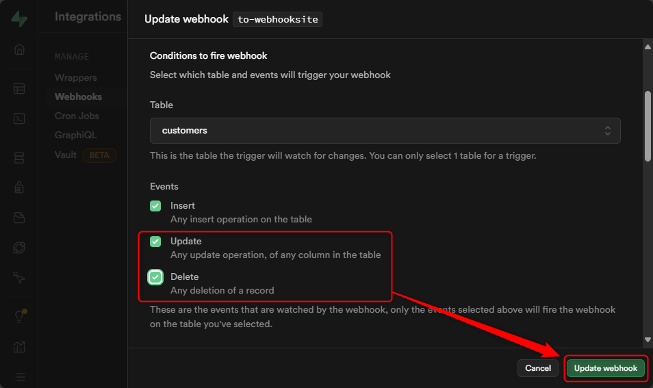 Update/Deleteでも発火するように変更し、「Update webhook」ボタンで変更