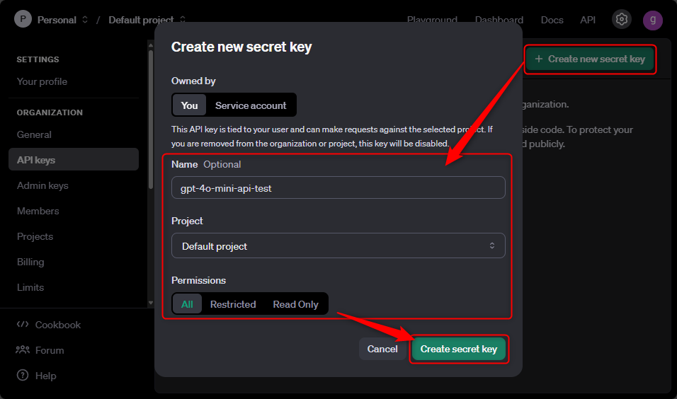 必要事項を入力して「Create secret key」