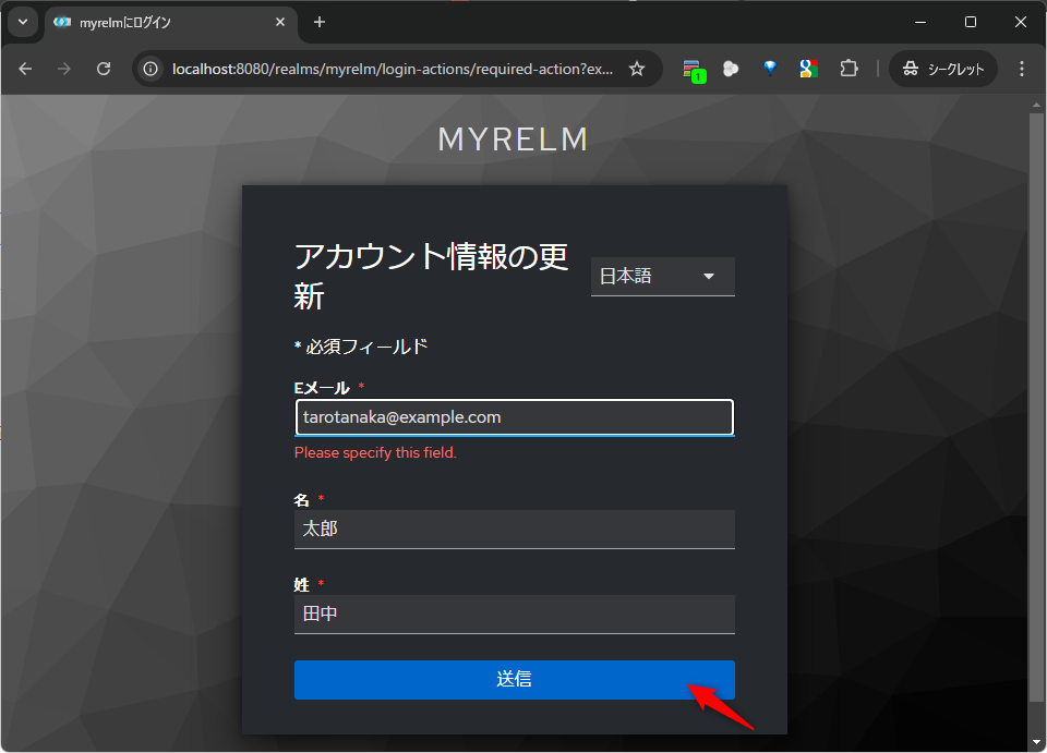 必要情報を入力して「送信（Submit）」ボタンをクリック