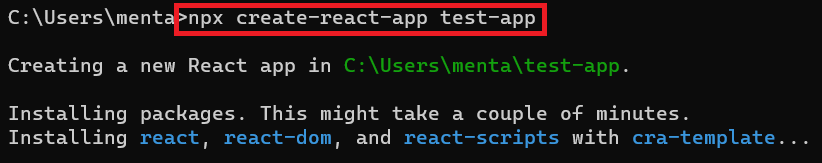 Reactアプリを作成-「npx create-react-app test-app」コマンドを実行