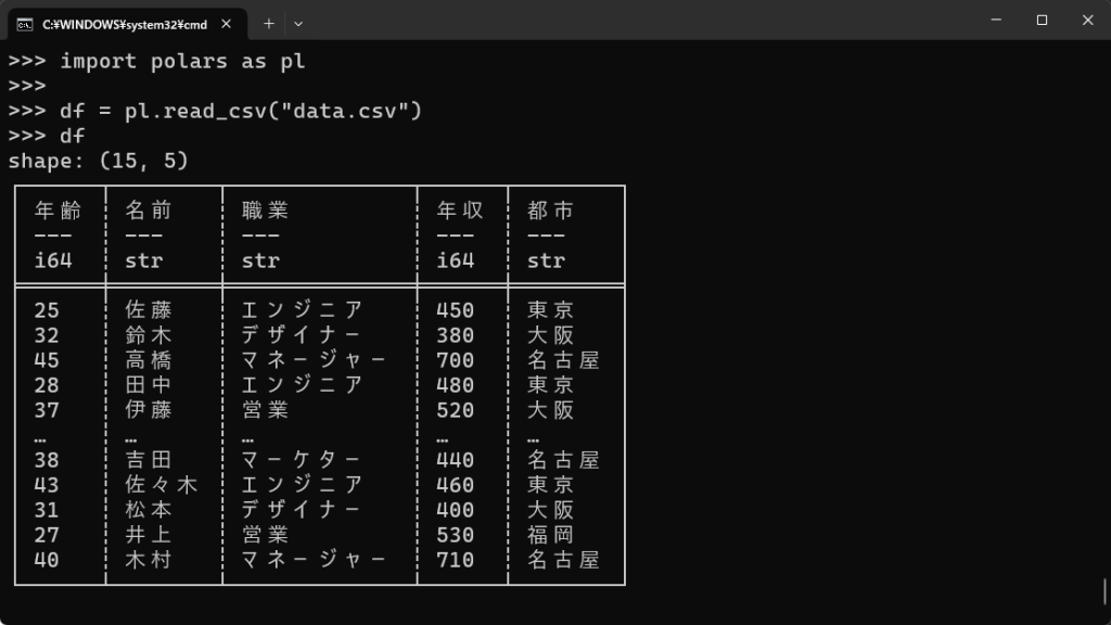 データフレームの表示画面