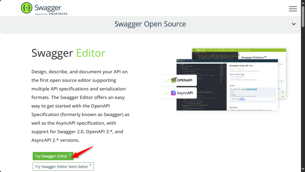 オンライン版は公式サイトにアクセスして「Try Swagger Editor」から起動