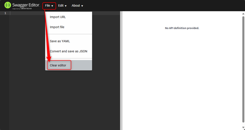 新規に作成する際は「File」→「Clear editor」を選択