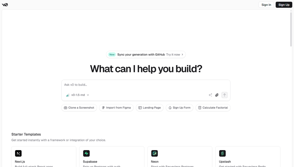 Vercel v0公式サイトの画面